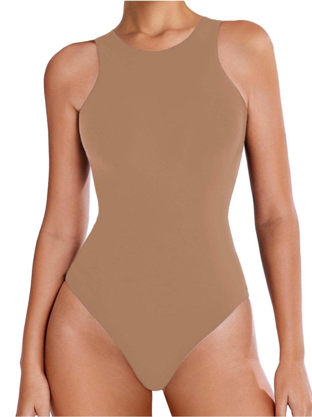 Sleek High-Neck Bodysuit in Tan